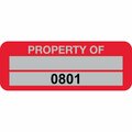 Lustre-Cal Property ID Label PROPERTY OF5 Alum Red 2in x 0.75in 1 Blank Pad&Serialized 0801-0900, 100PK 253740Ma2Rd0801